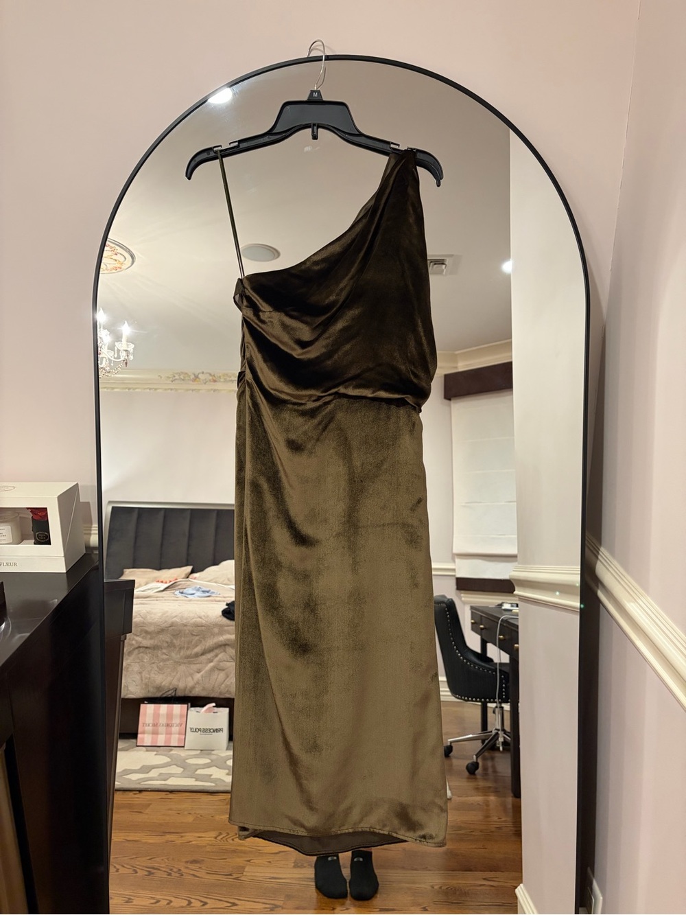 Reiss One-Shoulder Satin Midi Dress in Olive (S6)